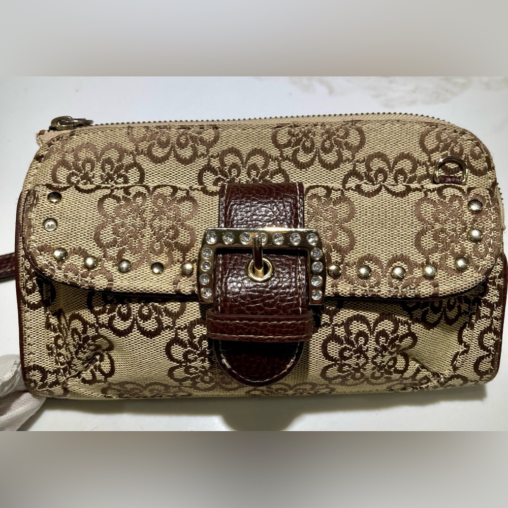 Kathy Van Zeeland Beige and Brown Monogram Clutch with Rhinestone Buckle